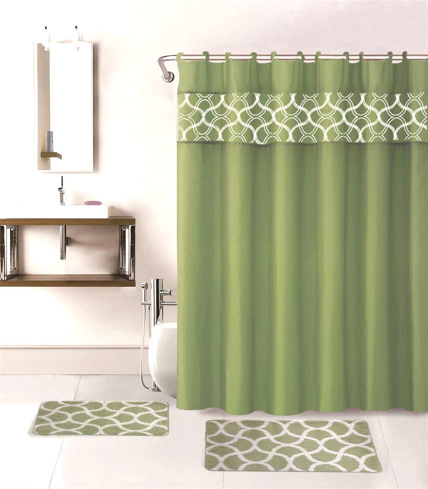 15-PC Geometric Sage HIGH QUALITY Jacquard Bathroom Bath Mat Set, Washable Anti Slip Large Rug 18&quot;x30&quot;, Small Rug 18&quot;x24&quot; with Non-Skid Rubber Back, Shower Curtain and 12 Round Shower Hooks