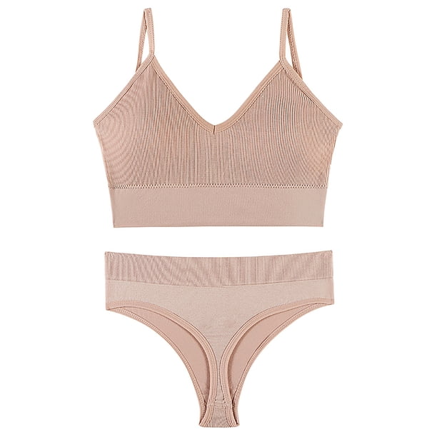 Conjunto de lencería sin costuras de 2 piezas con cuello en V para mujer: sujetador sin relleno y tanga, poliéster, color liso, estilo sexy/casual, adecuado para primavera/verano
