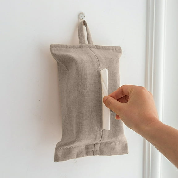Beige Fabric Tissue Box with Hanging Rope | Soft Polyester Storage Bag for Car, Living Room & Office | 25.5X17X1 Cm Portable Tissue Holder | Compact Desktop & Drawer Organizer