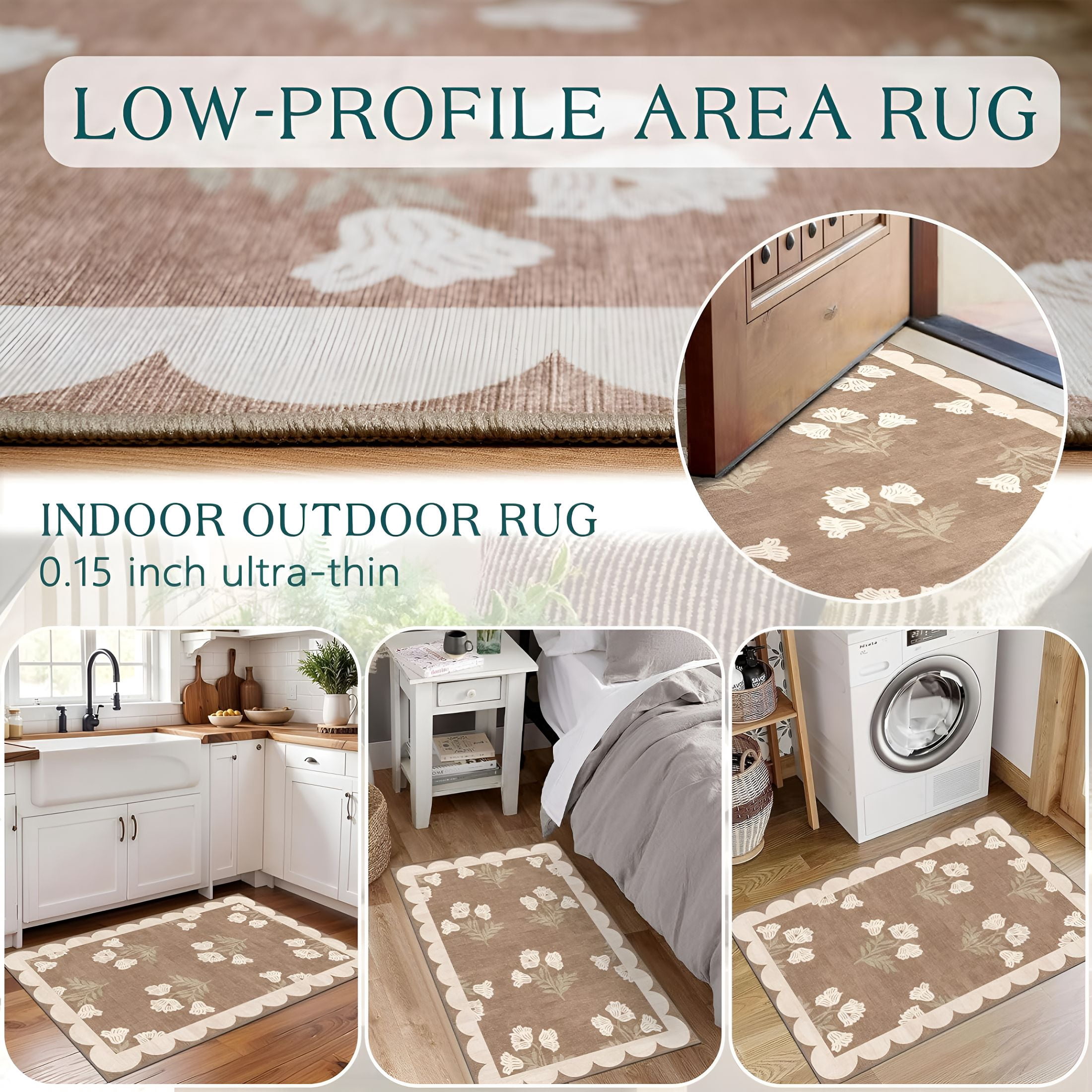 RLESO Front Door Mat Outside Entrance - 2X3 Floral Non-Slip Washable Doormat Indoor Outdoor Mat Tan Neutral Farmhouse Scalloped Entry Rug Small Throw Rugs for Entryway Kitchen Front Porch Decor