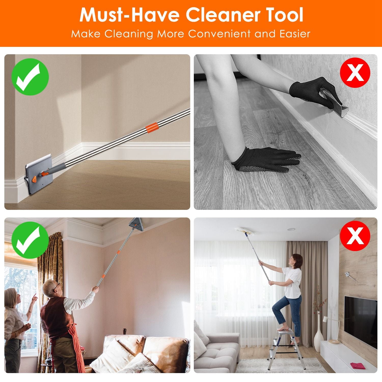 Wall & Baseboard Cleaning Mop with 8 Reusable Pads, 5-Section Extendable Stainless Steel Handle, 90° Flip Design, Hanging Holder for Home Cleaning