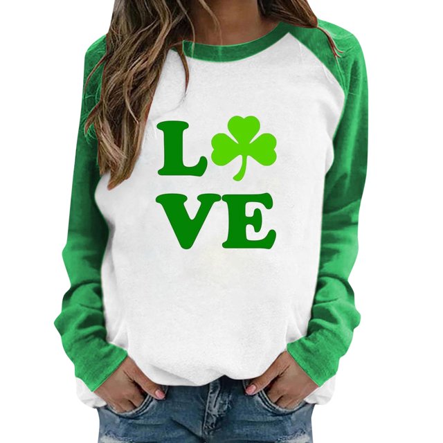 Spring Tops for Women Raglan Long Sleeved Top New Raglan Saint Dwarf Print Spliced T Shirts for Women Green XXXL
