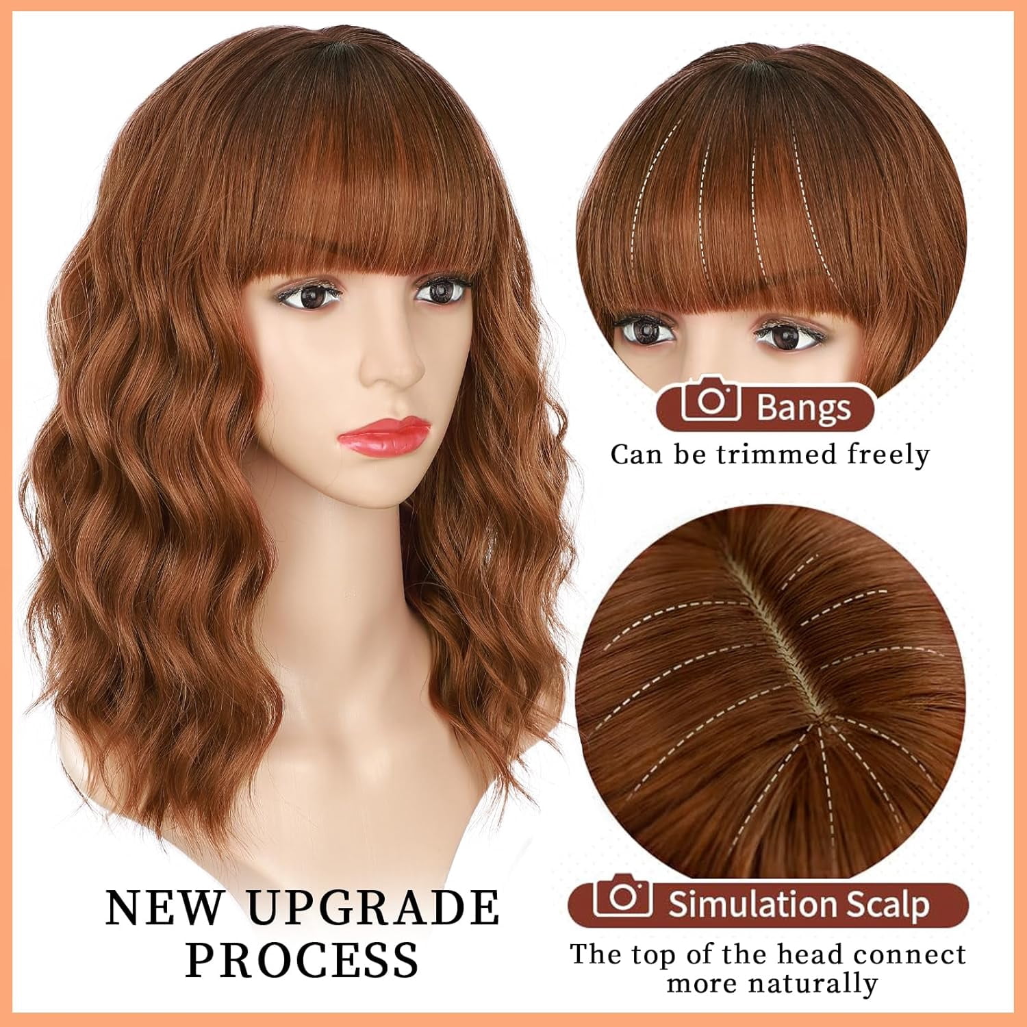 Wig with Bangs Short Bob Wigs for Women Shoulder Length Wavy Curly Wigs Synthetic Fiber Wigs 14 Inches for Daily Party Use