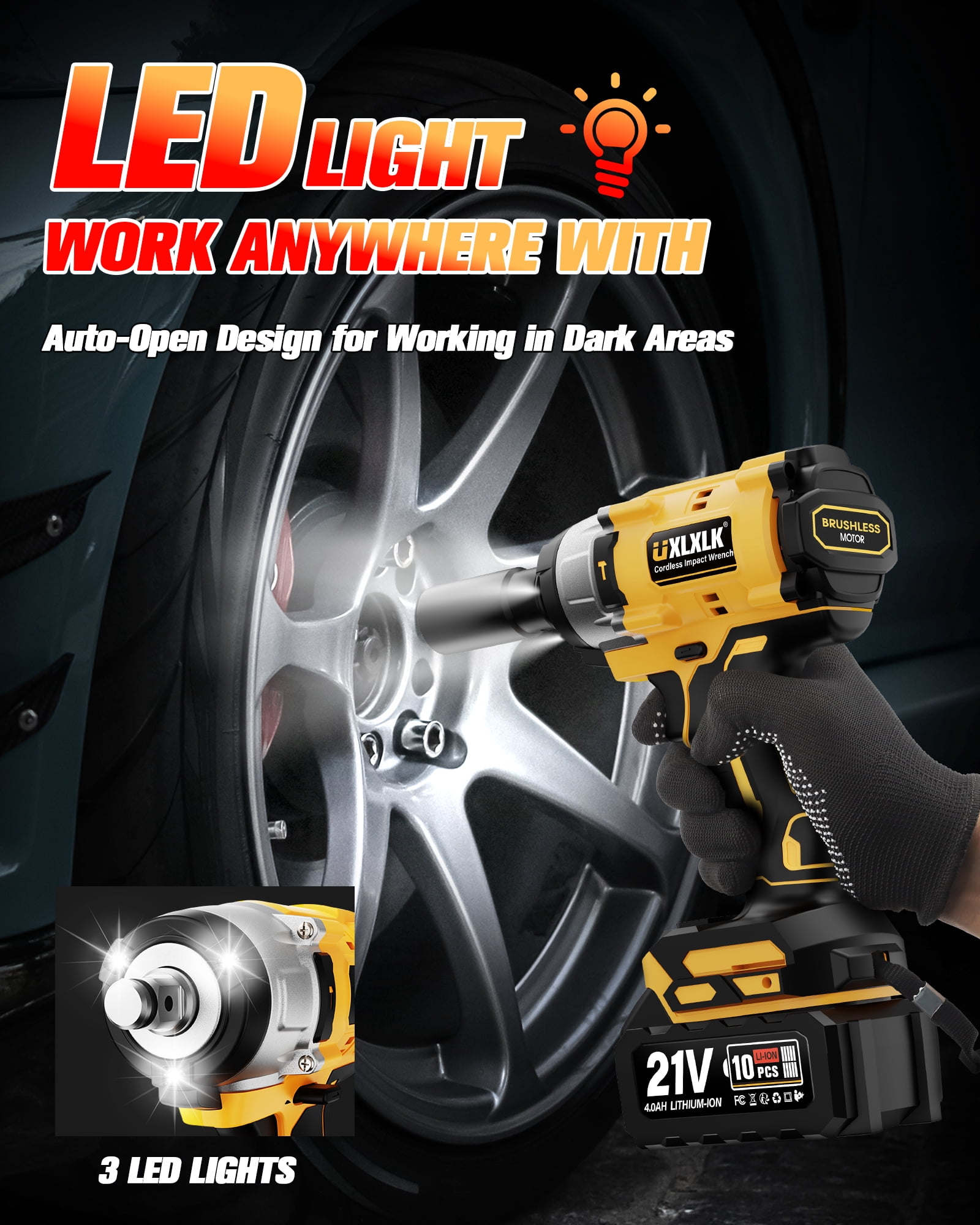 Brushless 1/2 inch Impact Wrench Cordless Impact Wrench - 590Ft-lbs (800N.m) , 3300RPM High Torque Impact Gun, 2x 4.0Ah Battery, Charger & 7 Sockets, Electric Impact Wrench for Car Home