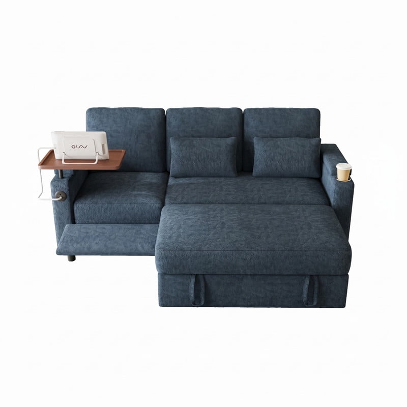 3-in-1 Convertible Sofa Bed, 3-Seater Chenille Couch with Adjustable Backrest, USB Charging Ports, Table Board and Storage Armrests, 81'' Foldable Sleeper Sofa for Living Room