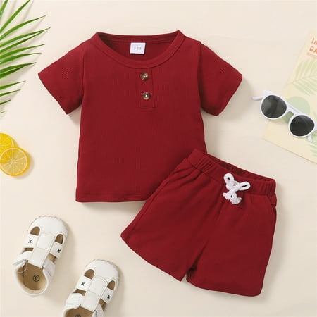 

Wiueurtly Toddler Baby Boy Girl Clothes Summer Knit Short Sleeve Buttons T Shirt Elastic Waist Shorts Set Outfits 3 Month Romper Girl