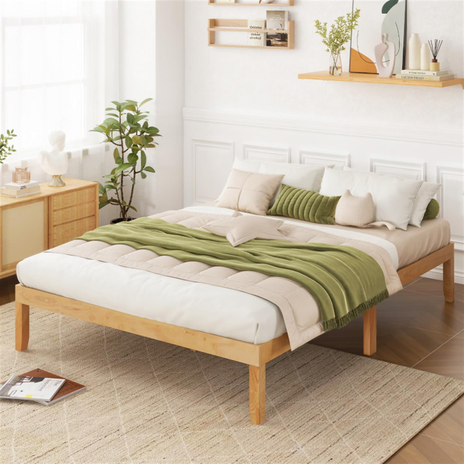 Demi Bonn Full Size Bed Frame with Wooden Slats Support and Rubber Wood Legs, Acacia Wood Platform Bed Frame with Under Bed Storage, No Box Spring Needed, Beige