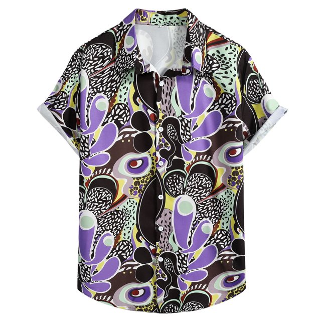 Camisas Para Hombre Manga Corta Camiseta con botones de solapa para playa y playa con estampado hawaiano para hombre, camiseta de manga corta, ropa de playa (Purple, XL)