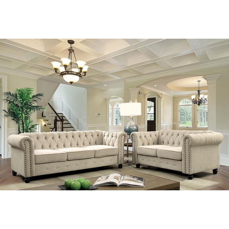 Transitional Ivory Chenille Sofa and Loveseat Furniture of America Winifred