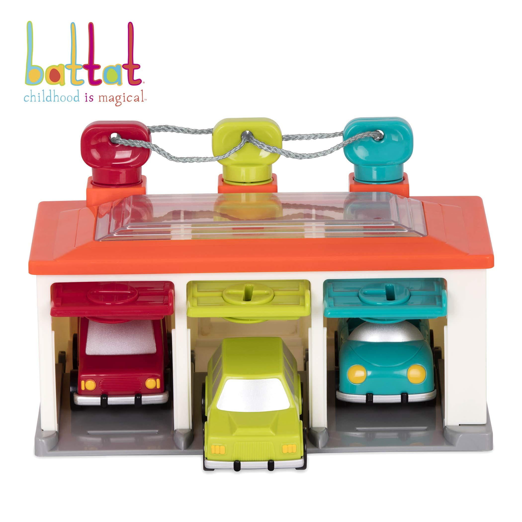 Battat 3 Car Garage Shape Sorting Toy Garage with Keys and 3 Toy