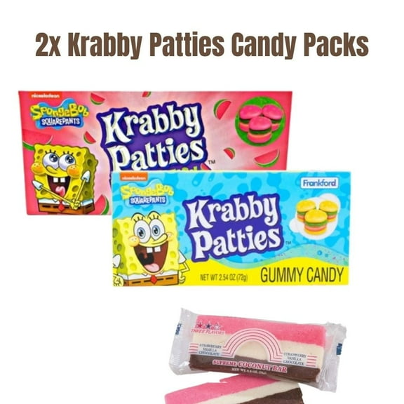 Krabby Patties Gummy Candy Theater Pack – Watermelon Flavor 2.54oz & BONUS Barra De Arco-íRis De Coco | Kids Party Treats, Movie Snacks, Fun Candy Gift
