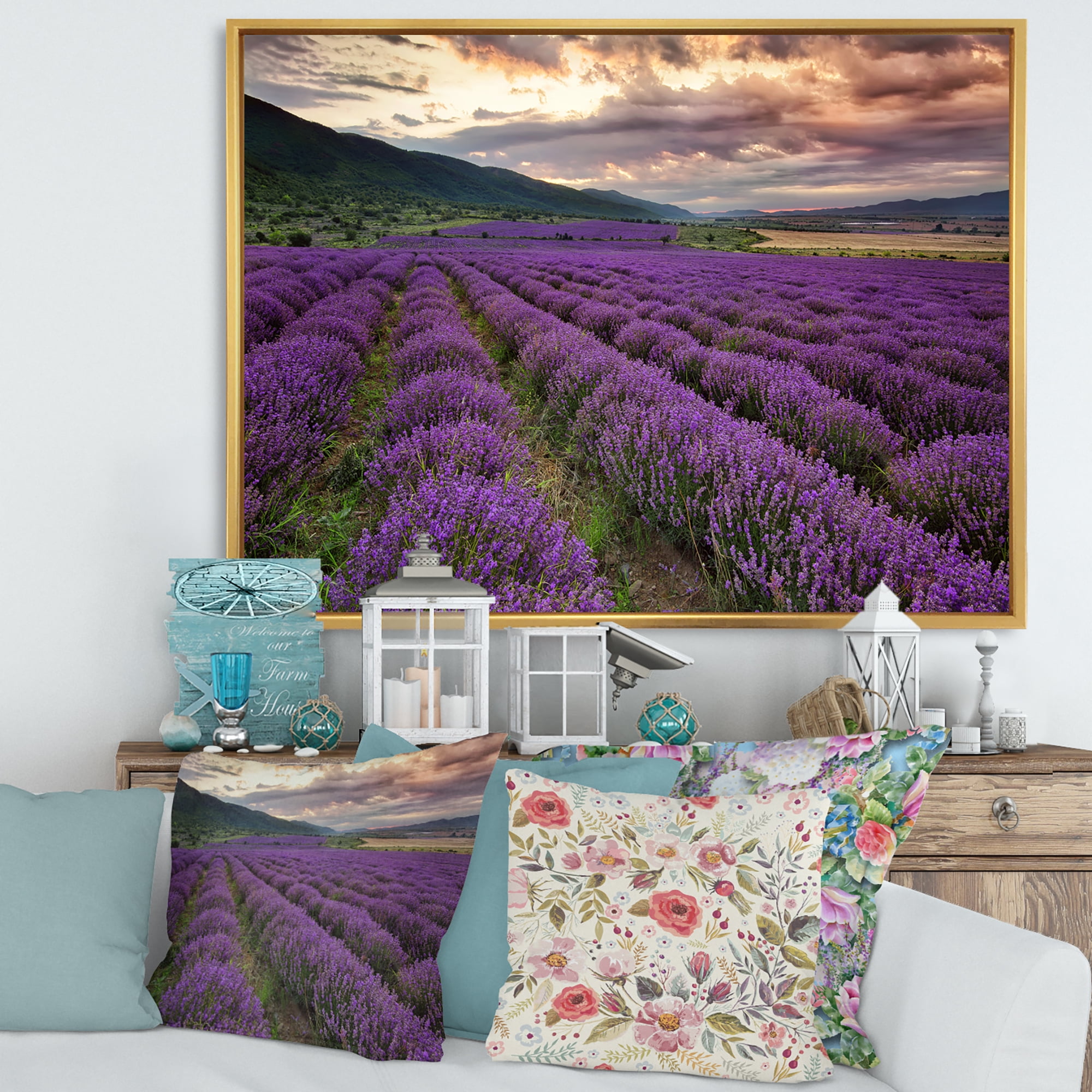 Designart 'Lavender Field At Sunrise I' Farmhouse Framed Canvas Wall Art Print