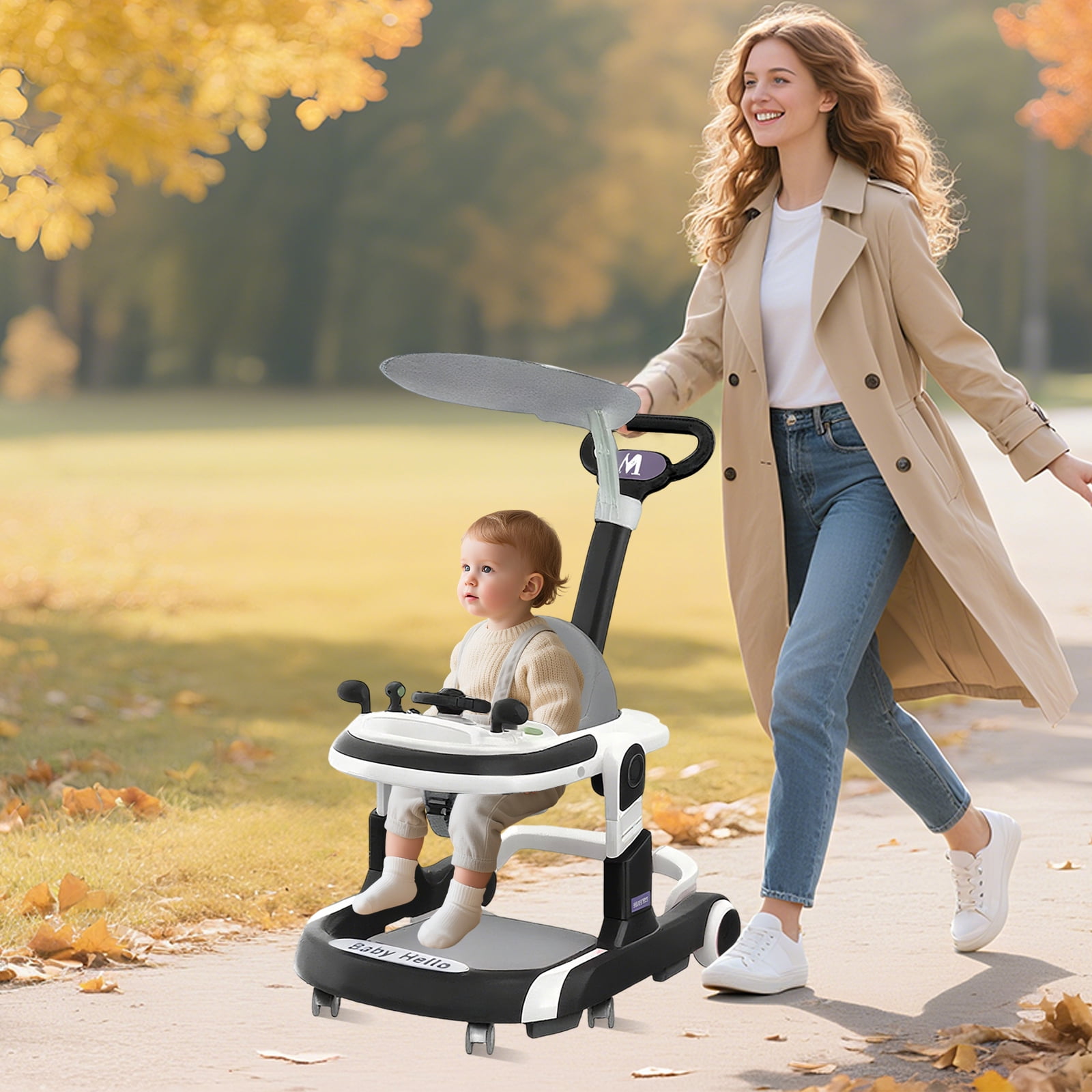 HENG Co. 5-in-1 Foldable Baby Walker with Foot Pads & Handles for Boys and Girls 6-24 Months, Black