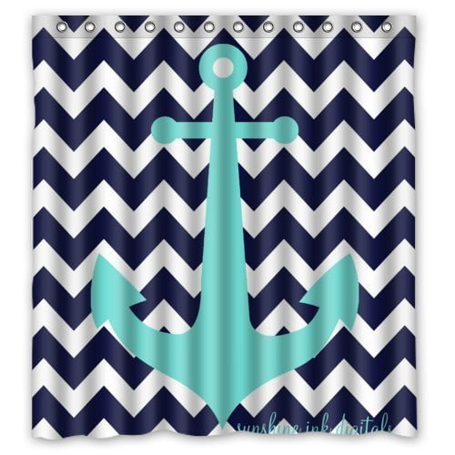 Blue Anchor Shower Curtain Set Navy Nautical Fabric Washable Waterproof /& Hooks
