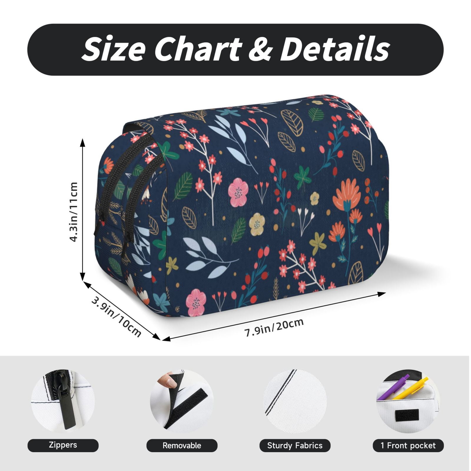 Rateoe Colorful Flowers Pattern Double Clamshell Pen Case, Storage Organizer with Two Zipper Compartments– Holds Up to 50 Pencils & Pens