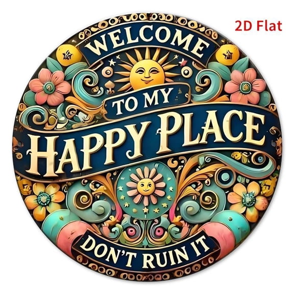 Welcome To My Happy Place Round Metal Sign, 1 Count Colorful Flower & Sun Pattern Wall Art, Wall Decor for Home Living Room Bedroom