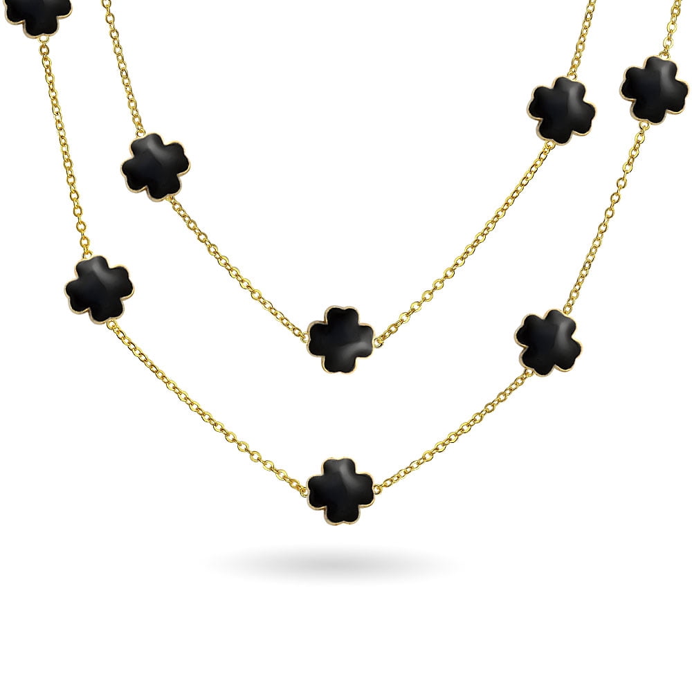 Black Pearlized Enamel Clover Necklace 