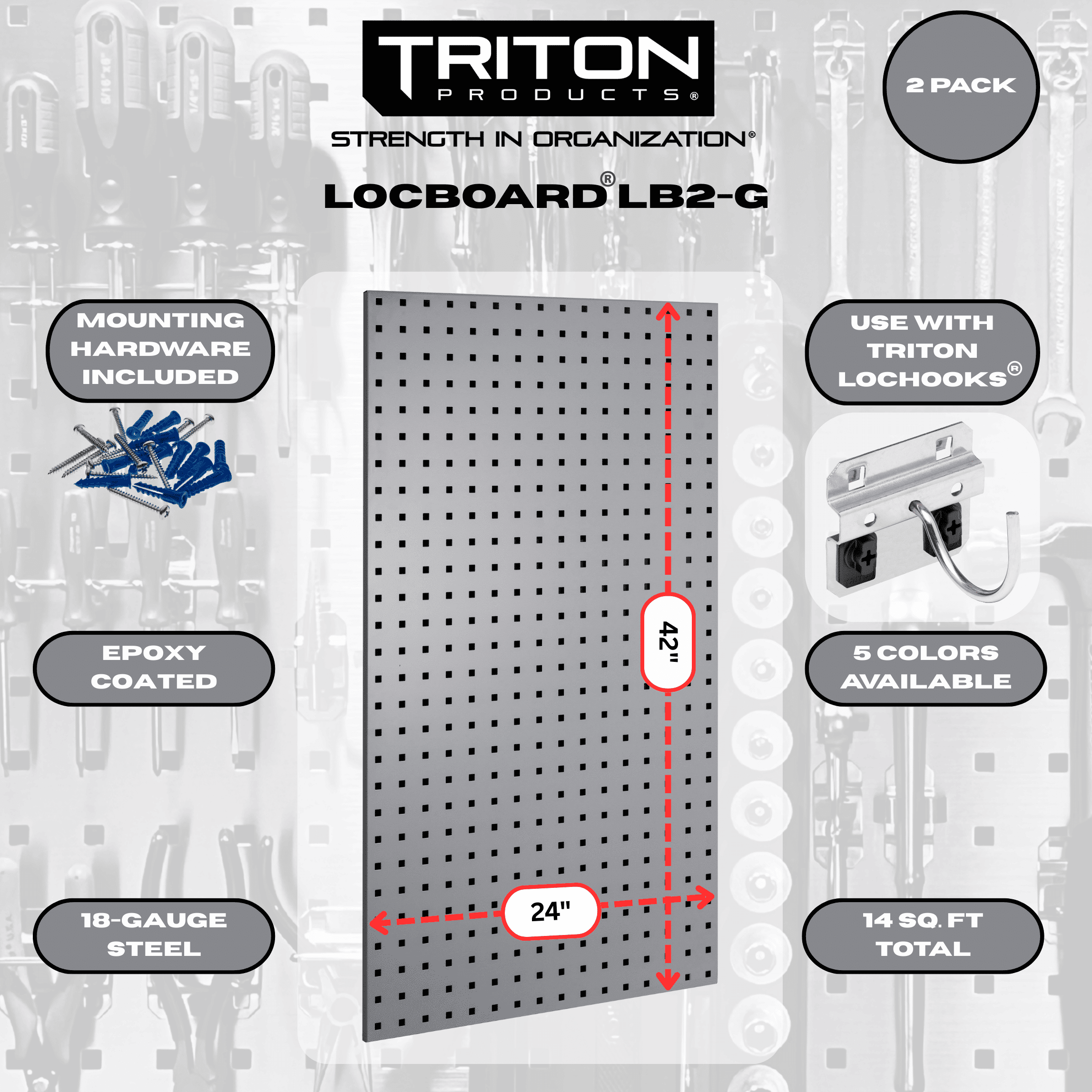 Triton Products (2) 24 In. W x 42-1/2 In. H Gray Epoxy Coated 18-Gauge Steel Square Hole Pegboards & Mounting Hardware
