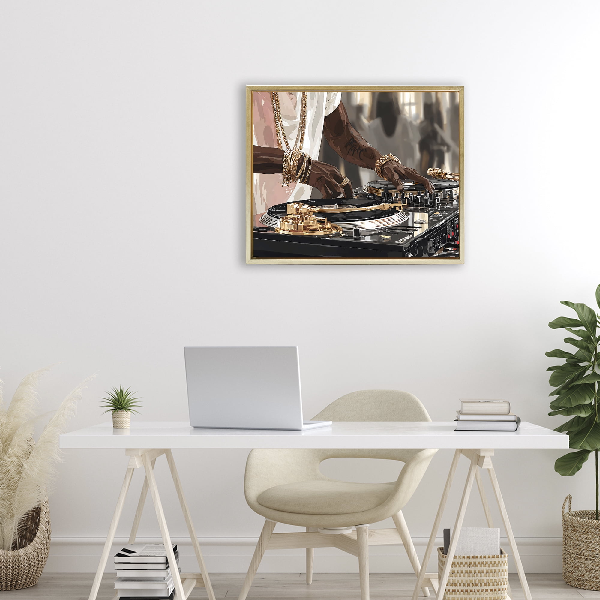 Stupell Industries Golden Sound DJ Turntables Gold Framed Floater Canvas Wall Art, design by Franklyn Gregory
