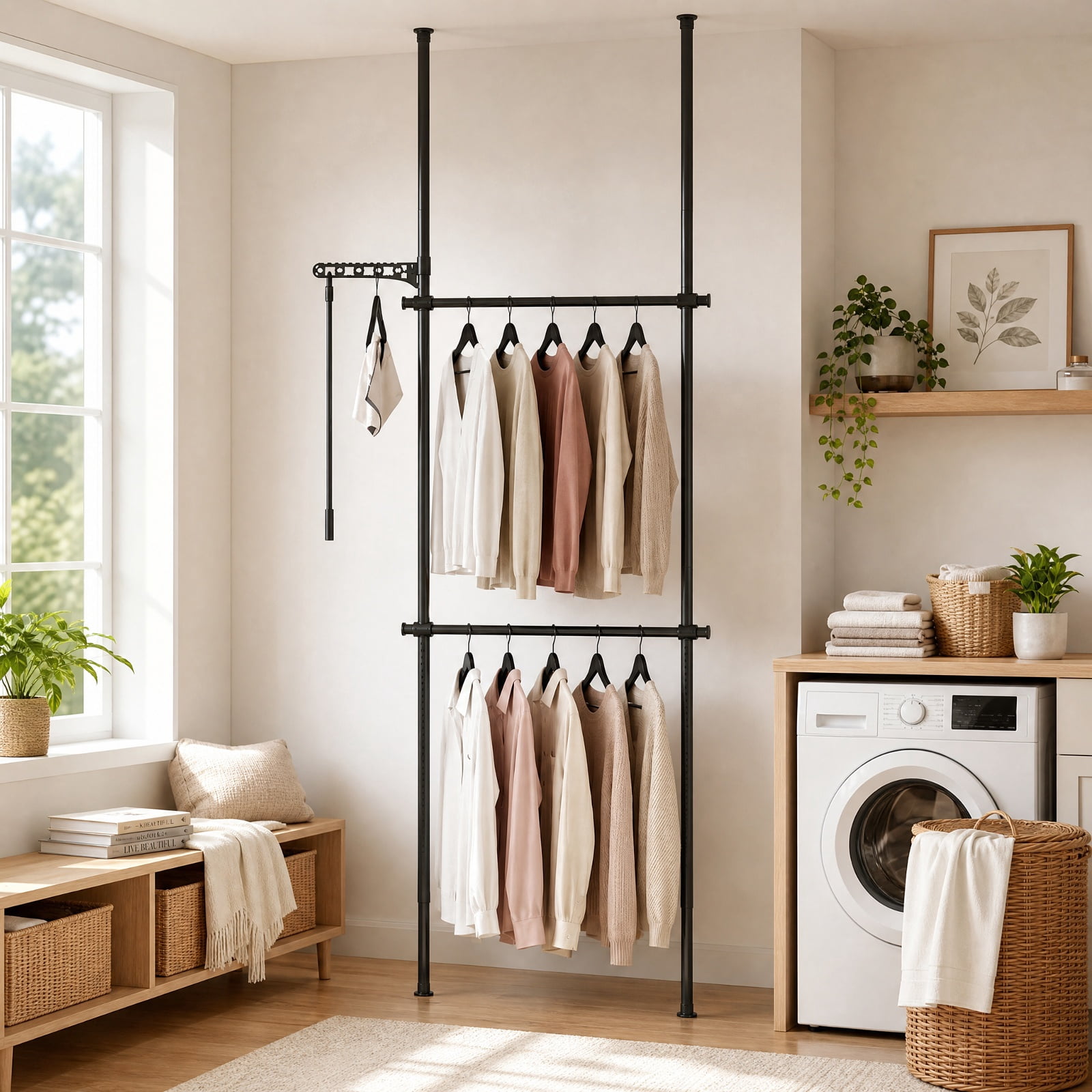Furnibear Adjustable Floor to Ceiling Clothes Rack with 2 Hanging Rods Telescoping Garment Closet Organizer for Bedroom Entryway, Black
