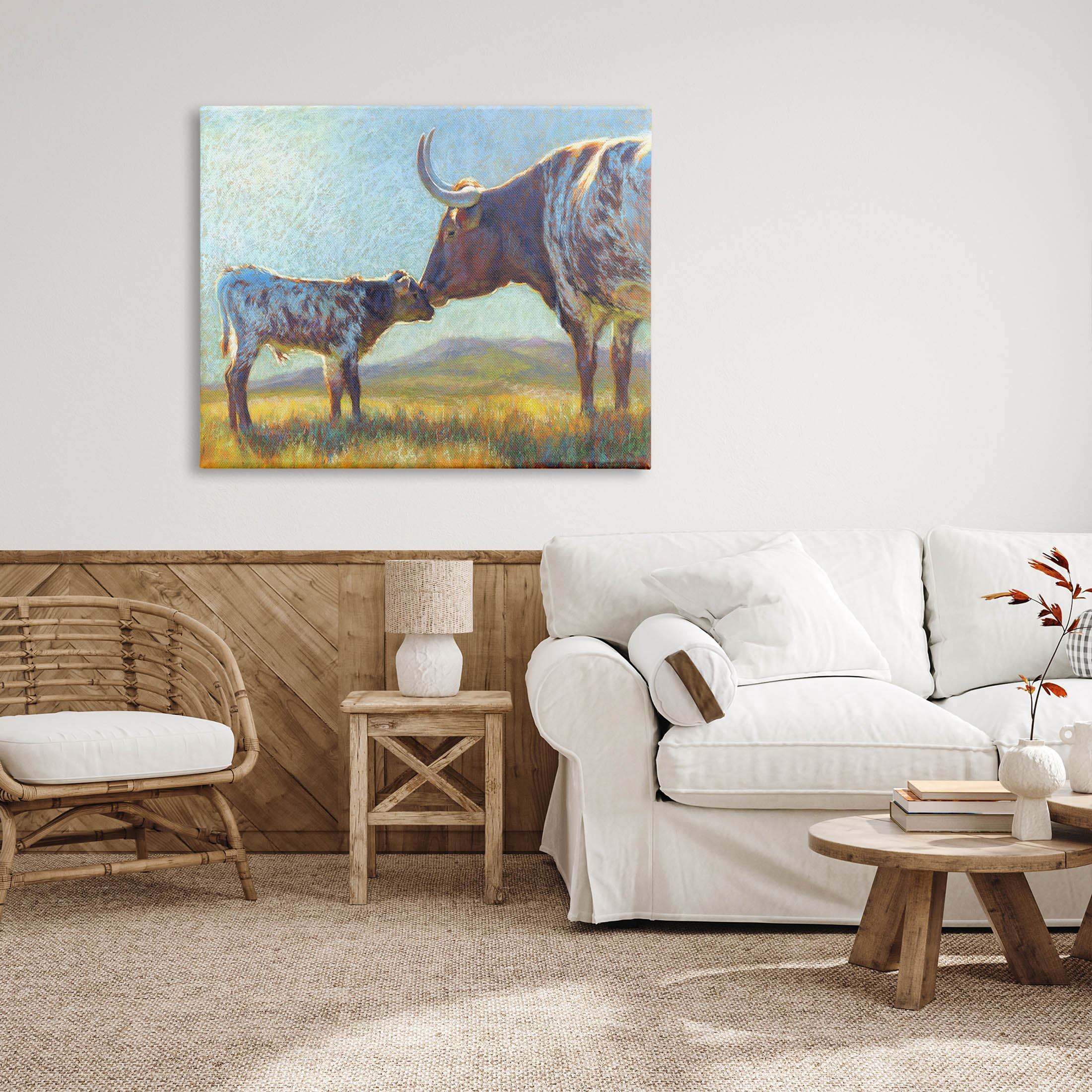 Mother Cattle Calf Sunlit Farm Animals & Insects Painting Gallery Wrapped Canvas Print Wall Art