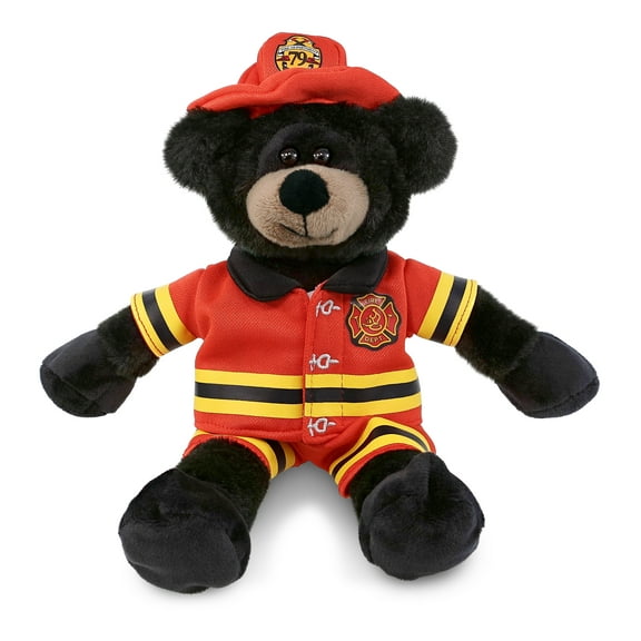 DolliBu Long Leg Black Bear Firefighter Stuffed Animal - Bear Fireman Toy with Red Fireman Costume Outfit and Fireman Hat, Wild Life Stuffed Animal Fire Fighter Doll Plush Toy for Kids - 10.5 Inch