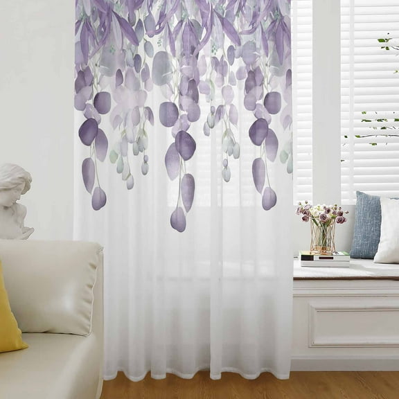 Purple Teal Botanical Semi Sheer Curtains Drapes for Living Room,Bedroom,French Doors Window 84 Inches Long,Watercolor Spring Eucalyptus Leaves Rod Pocket Chiffon Curtain Drapery Voile Drape Panel