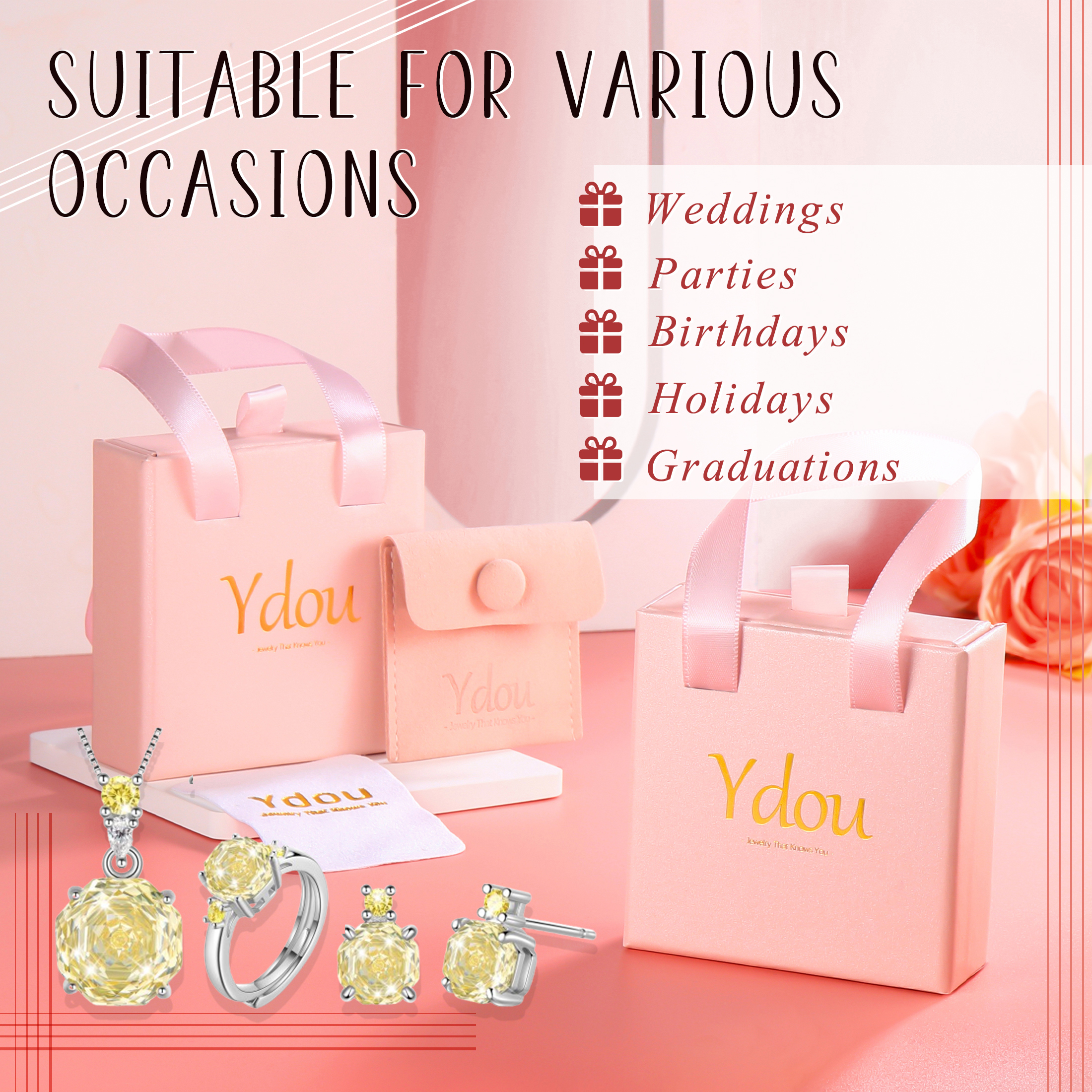 Ydou Rose Jewelry Set - 18K White Gold Plated Rose Cut Cubic Zirconia Flower Necklace/Earrings/Ring Set Anniversary Birthday Jewelry Gift for Women