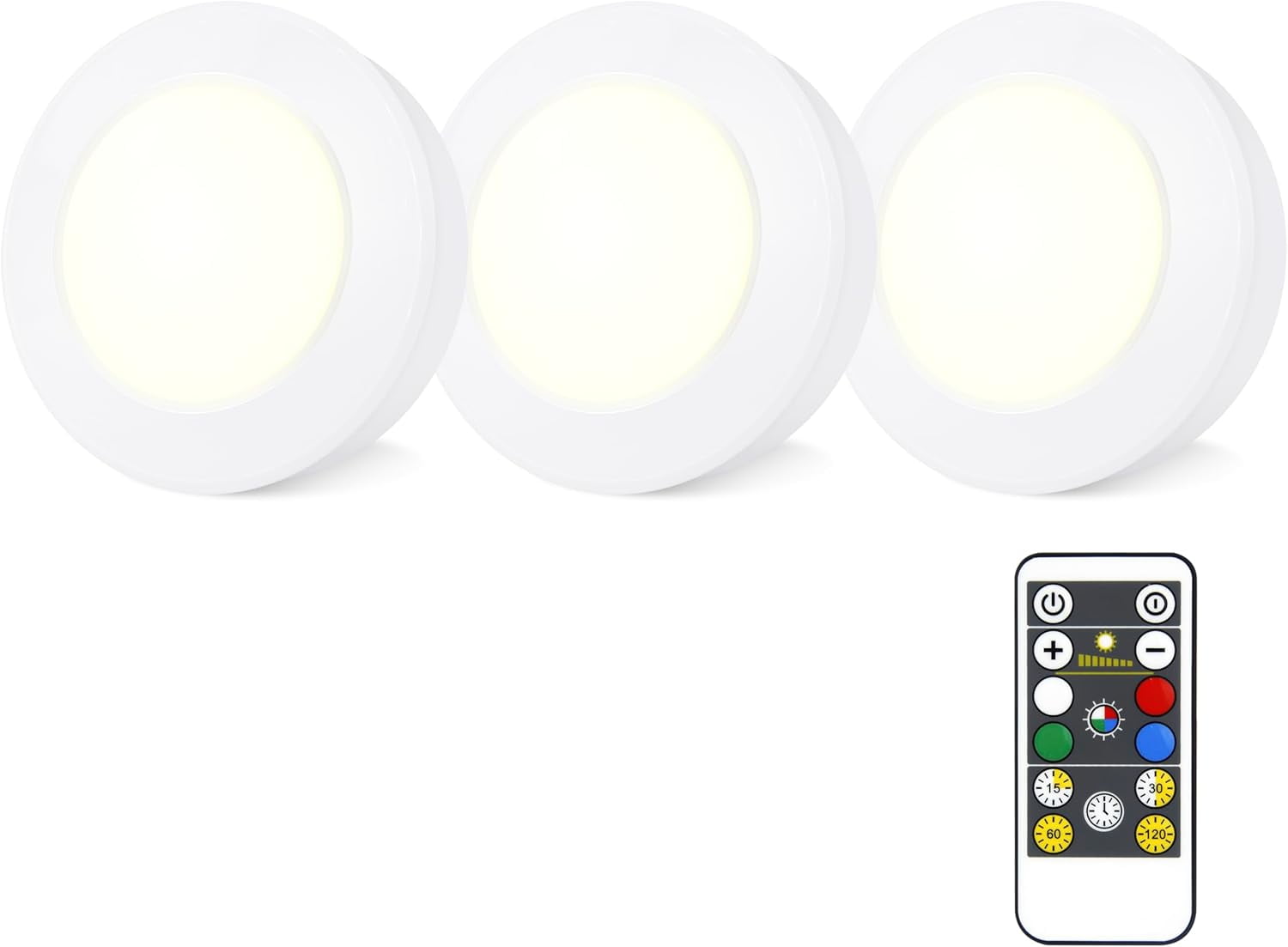 RGHJAR-Wireless LED Puck Lights with RF Remote(3-Pack), Battery Operated Under Cabinet Lights, Color Changing Stick On Lights,Dimmable Tap Light with Timmer for Closet Bedroom Kitchen Drawer Counter