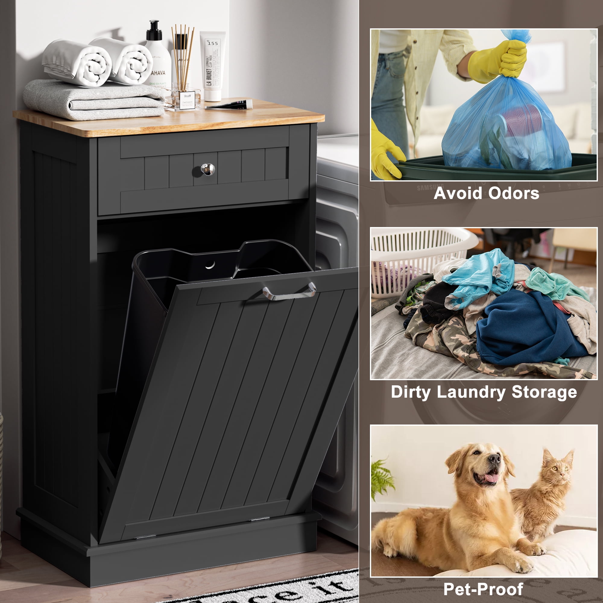HARIPUL Single Tilt Out Trash Cabinet for 13 Gallon Waste Bin, Free Standing Kitchen Trash Can Cabinet with Drawers, Black