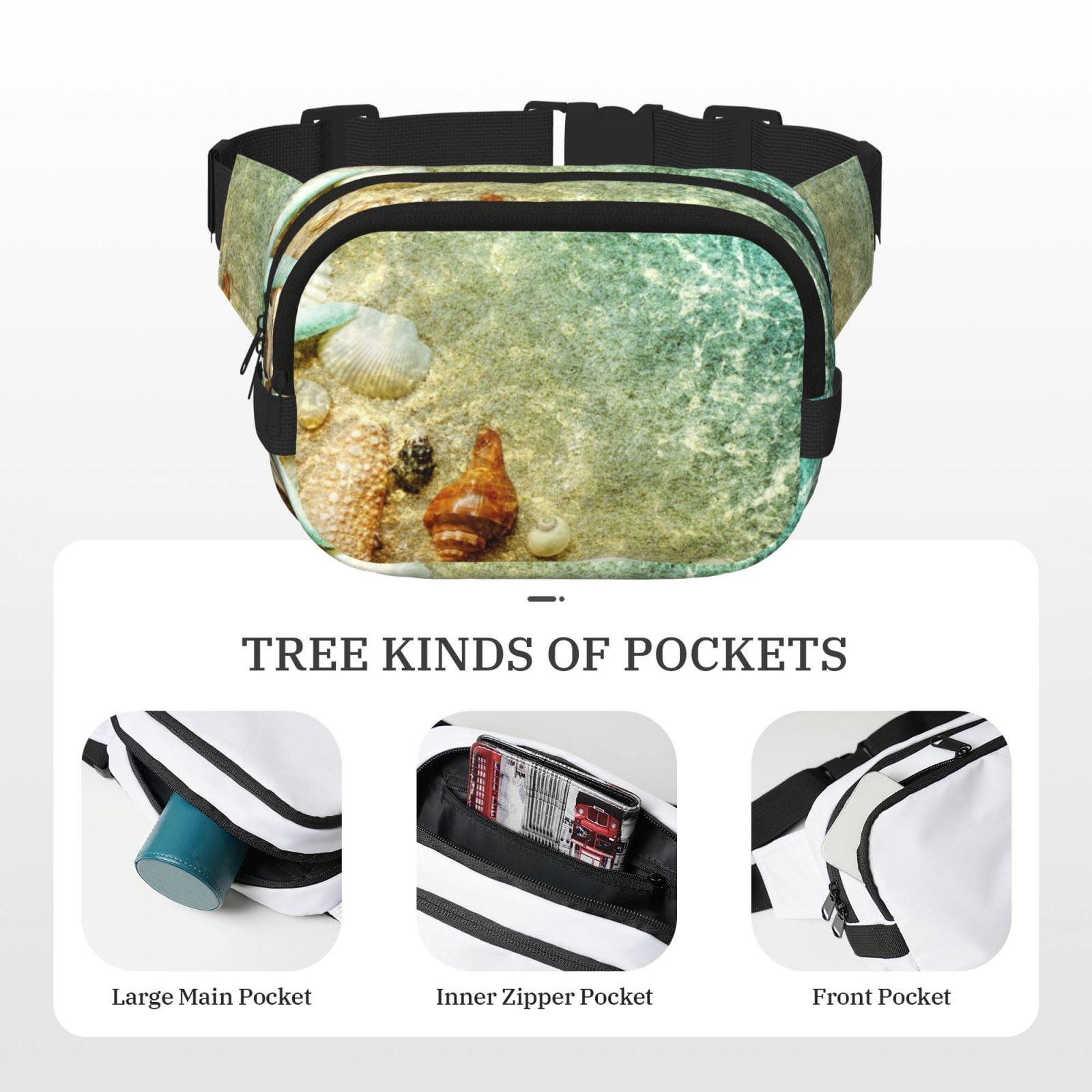 Picia Starfish And Seashell Print Square Double-Layer Waist Bag Mini Adjustable Waist Belt Bag Exercise Running Travel Hiking