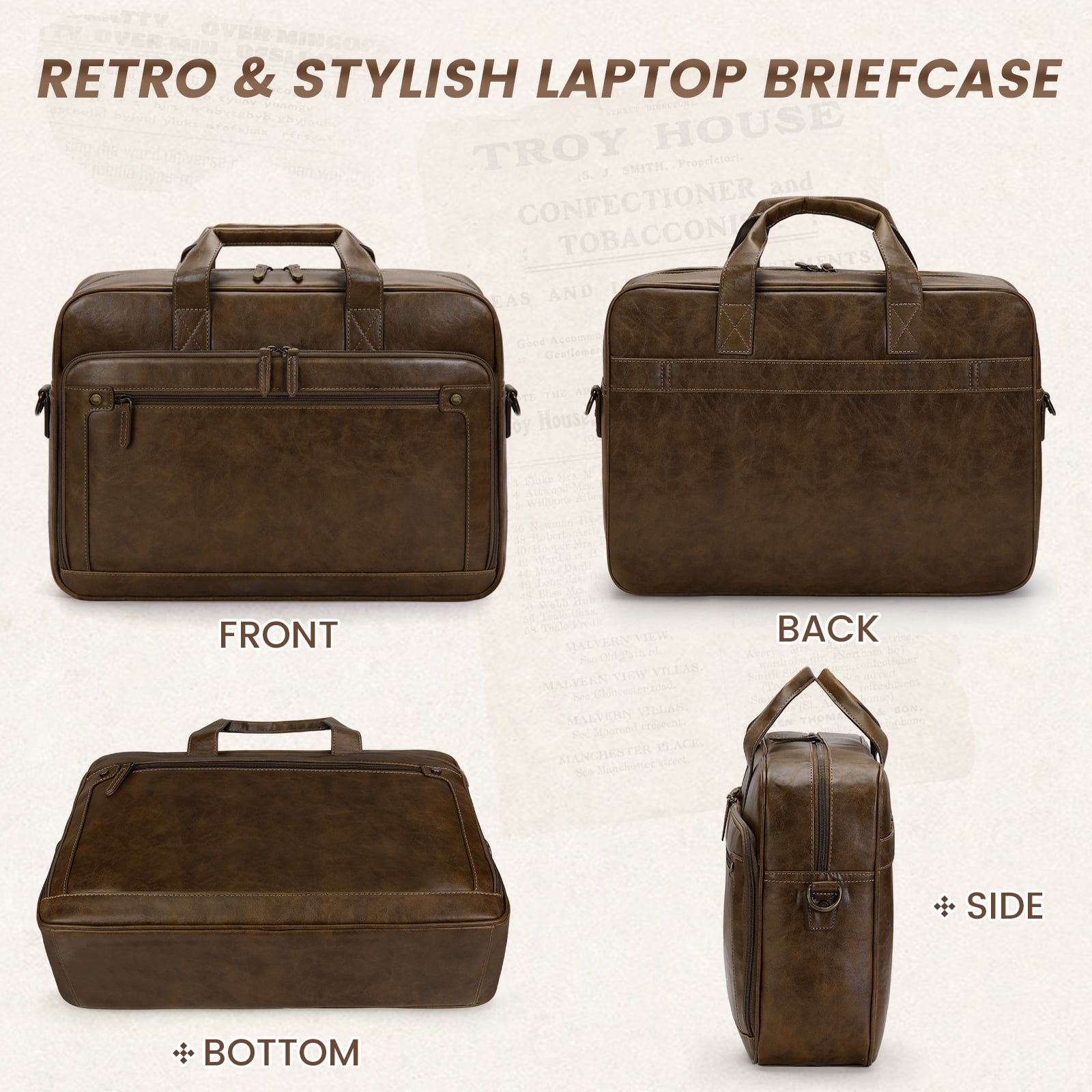 RAINSMORE Messenger Bag for Men 16 Inch Laptop Bag Leather Briefcase Vintage Crossbody Shoulder Office Computer Bag Retro College Satchel Bag for Work, Business, Brown