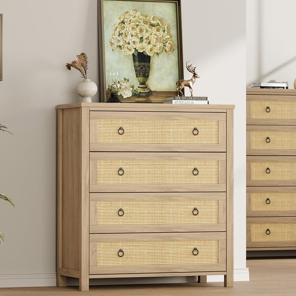 YUSAZENS Commode en Rotin, Organisateur de Rangement à 4 Tiroirs de 37 Pouces de Hauteur pour Chambre et Salon