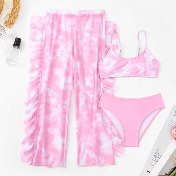 Trendfront Girls 3-Piece Bikini Set Printed Two-Piece Swimsuit with Matching Long Pants Summer Vacation Beach Bathing Suit