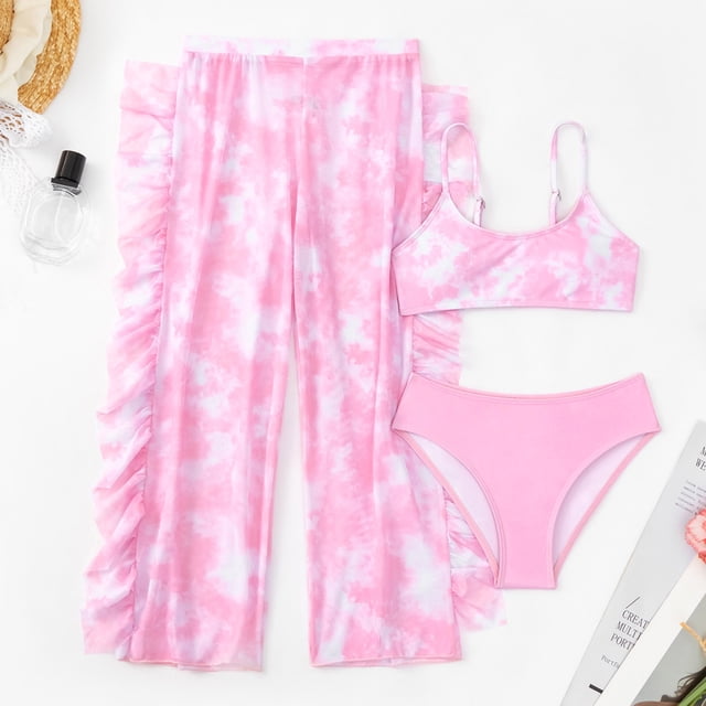 XDZJLR Girls Swimsuit 3 Pieces Bikini with Rash Guard Pants Cover Up Sets Swim Suit Pink 8-9 Years