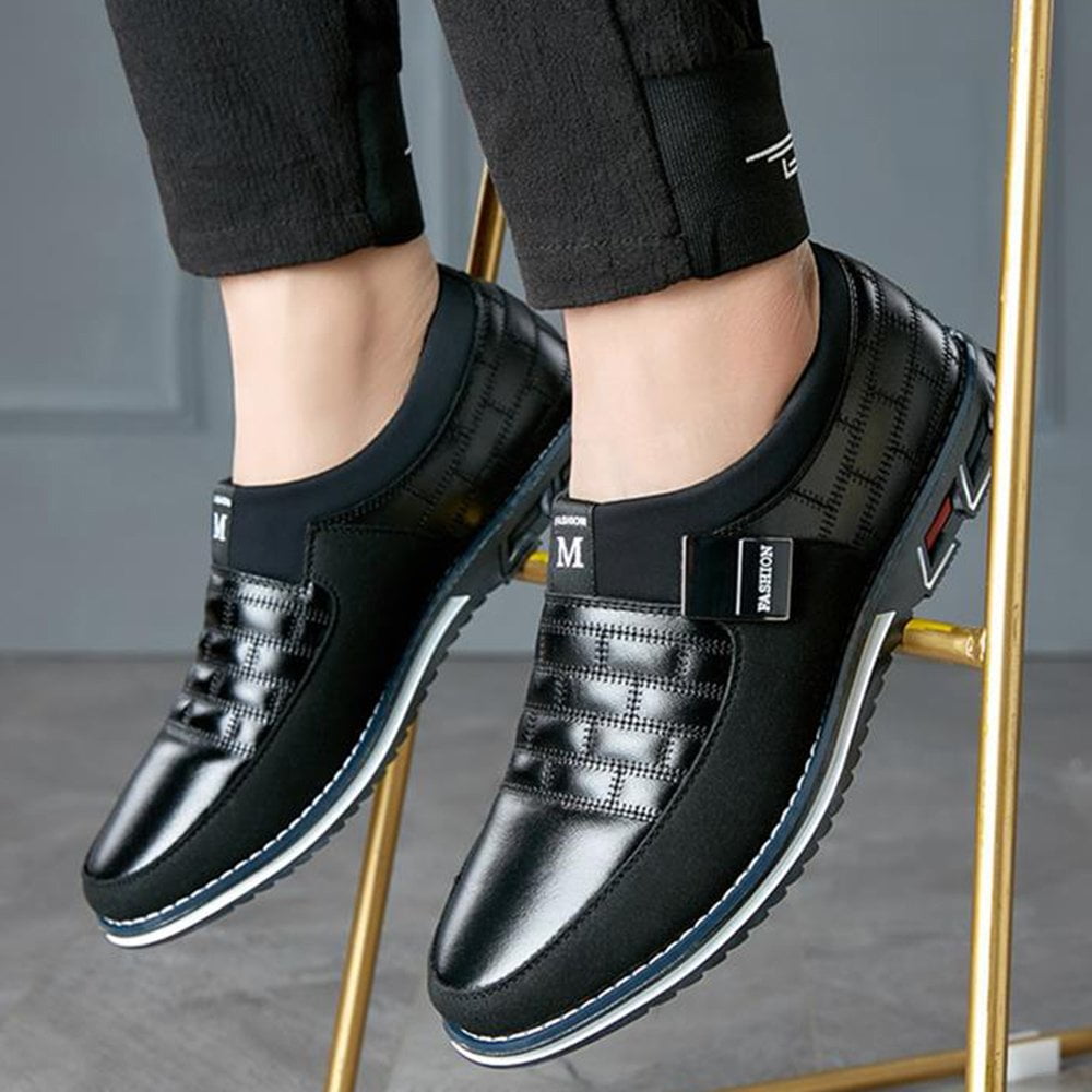 men genuine leather stitching slip on metal decoration non slip casual shoes