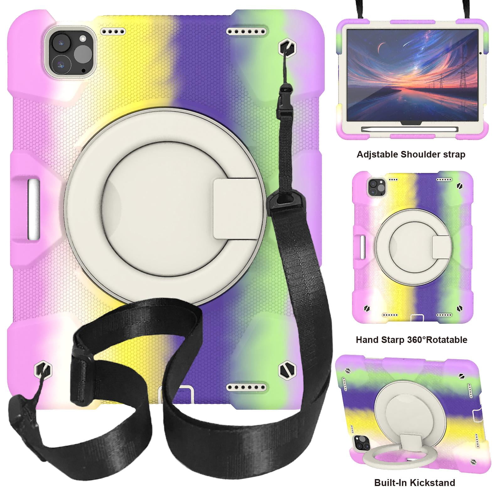 ELEHOLD Military Grade Shockproof Case For Apple iPad Air 11 (2024), Heavy Duty Protection Ring Stand Cover, Adjustable Angel, Detachable Shoulder Strap, Pencil Holder, Colorful Purple