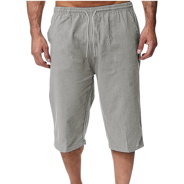Pantalones de Lino Casual Suelto Cortado, Color Sólido Cordón Mezcla de Algodón para el Uso Diario