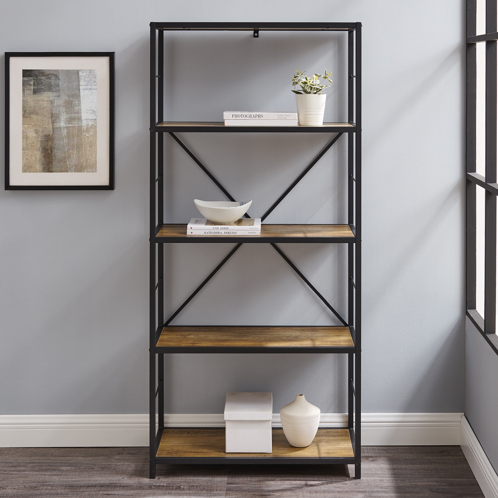 Walker Edison Rustic Metal and Media Bookcase, Reclaimed Barnwood