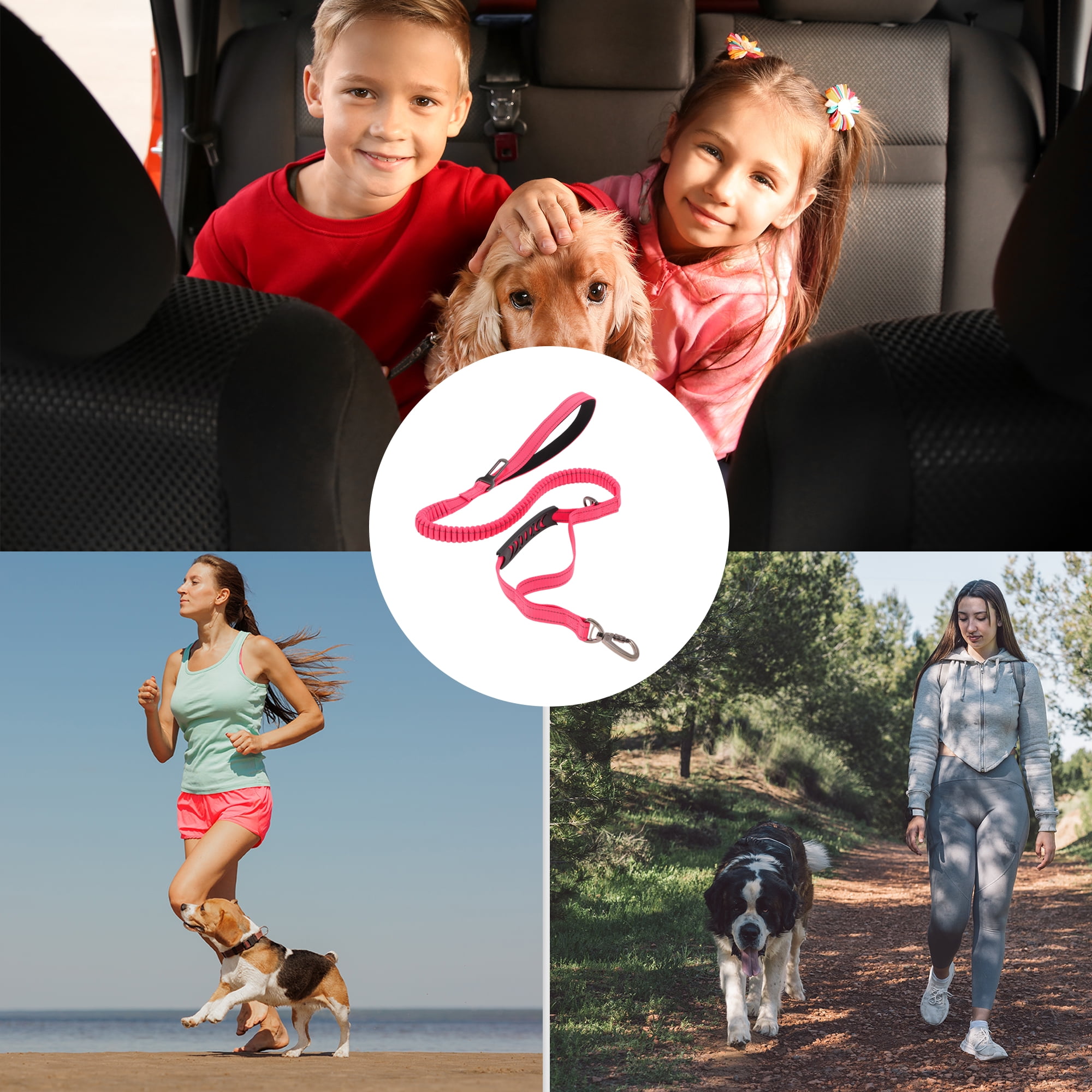Unique Bargains Dog Car Seatbelt with Shock Absorbing Leash and Handles Rose Red