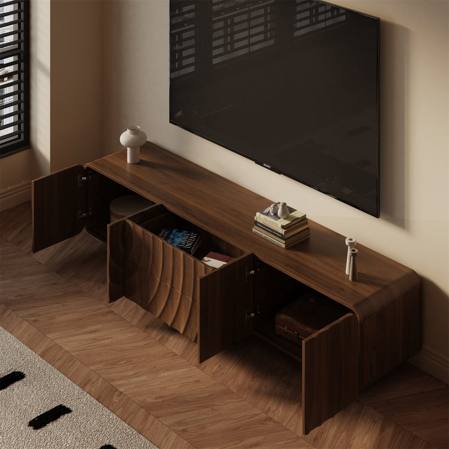 Hommoo 70" Modern Unique Spiral Wave Design TV Stand With Storage Cabinet And 2 Drawers, TV Console Entertainment Center for Living Room, Bedroom, Walnut