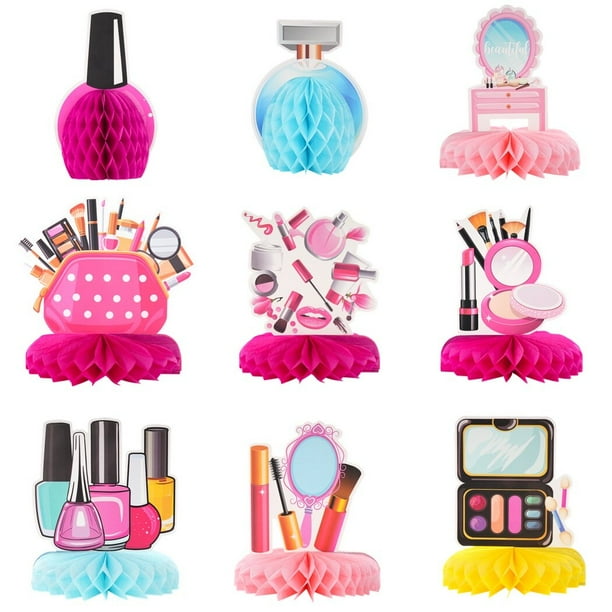 9 piezas de centros de mesa de panal de maquillaje SPA, decoraciones de fiesta temáticas de cosméticos, adornos de mesa de fiesta de maquillaje para niñas, adornos de mesa coloridos para fiestas de cu