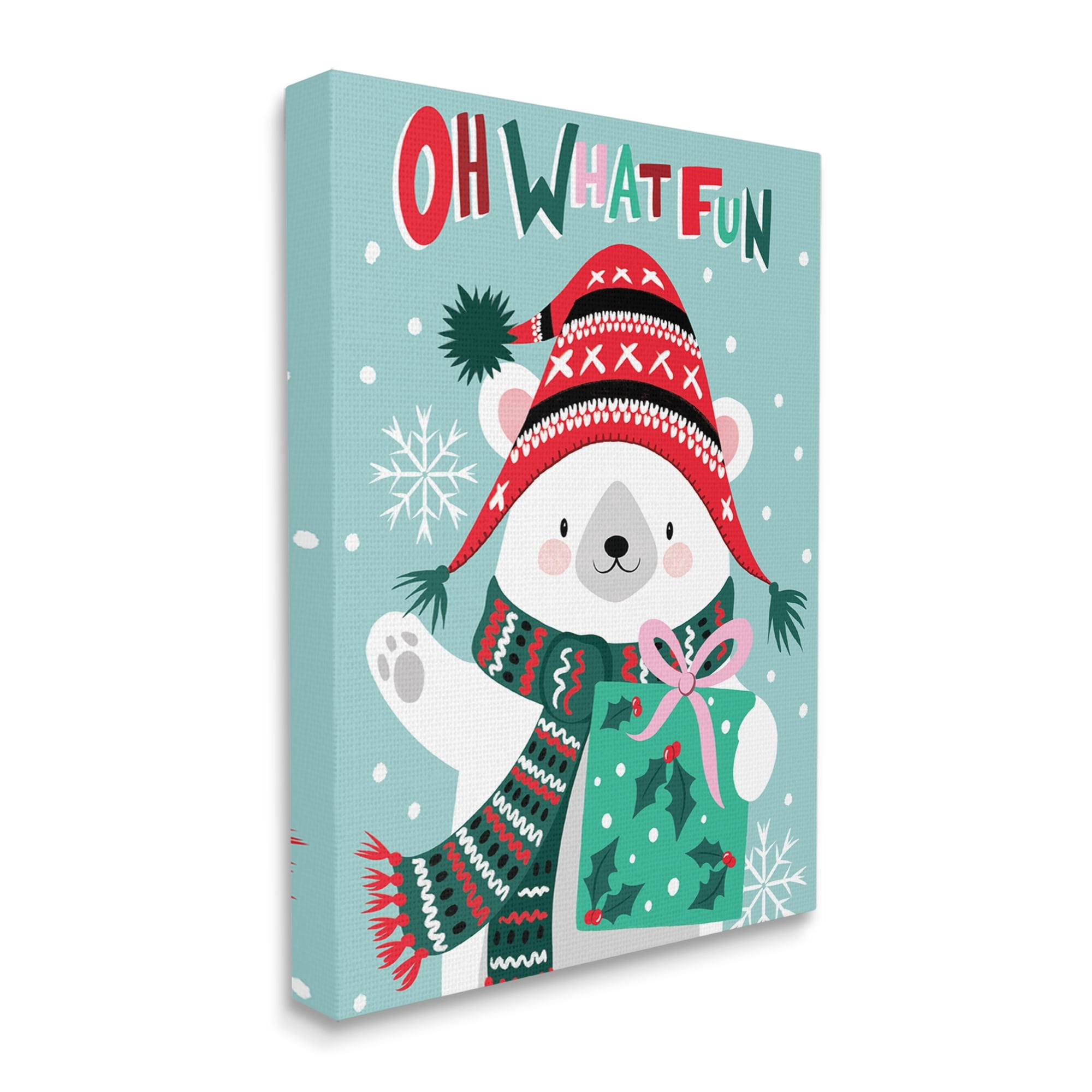 Oh What Fun Winter Polar Bear Falling Snowflakes Inspirational Graphic Art Gallery-Wrapped Canvas Print Wall Art