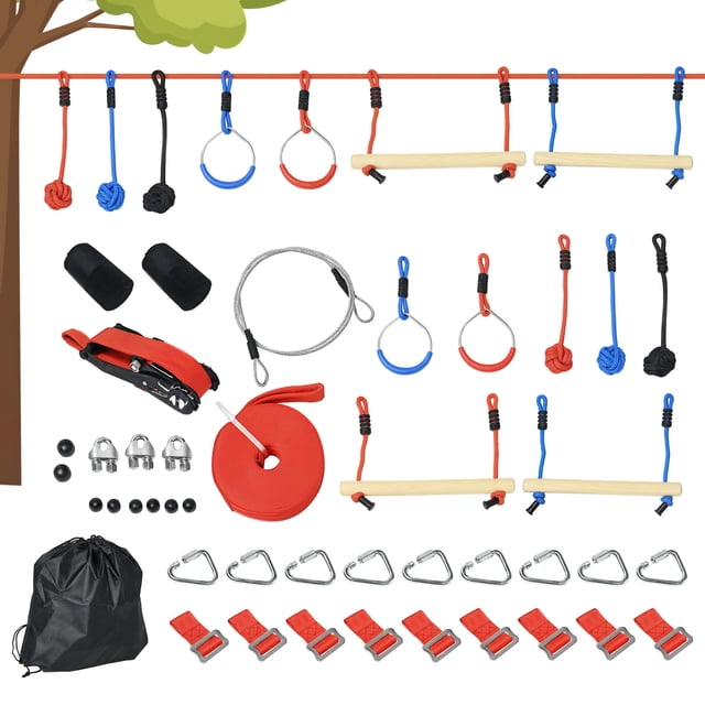 Outsunny Ninja Slackline Set, 30-Piece, 10m Rope with Obstacles for Age 3-6