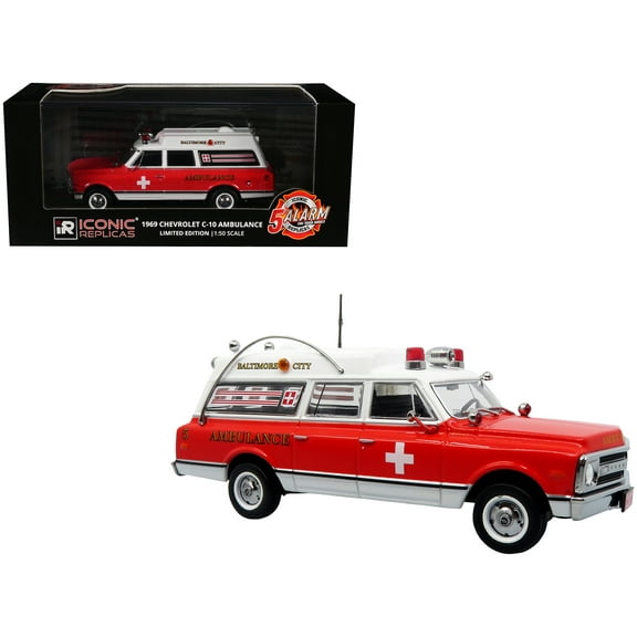 1969 Chevrolet C-10 Ambulance "Baltimore City Fire Department" White and Red "5 Alarm" 1/50 Diecast Model by Iconic Replicas