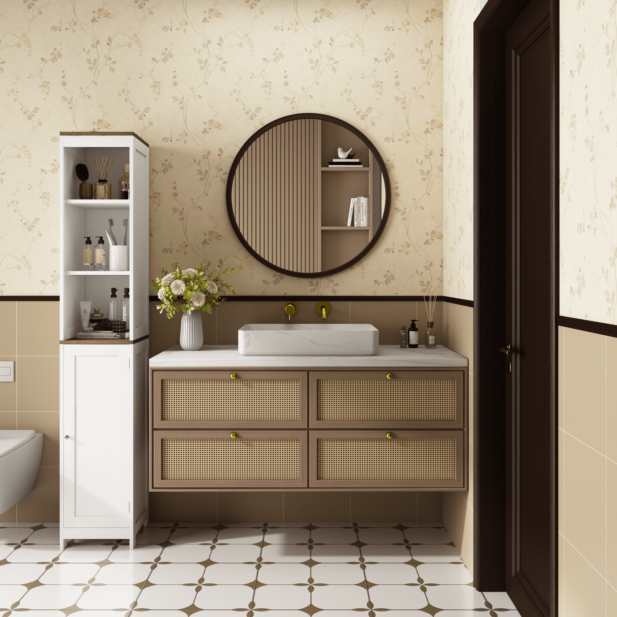 Tall Bathroom Storage Cabinet with Reversible Door, Freestanding Linen Tower with Open Shelves and Enclosed Cabinet, Narrow Floor Cabinet Organizer for Bathroom, Laundry Room