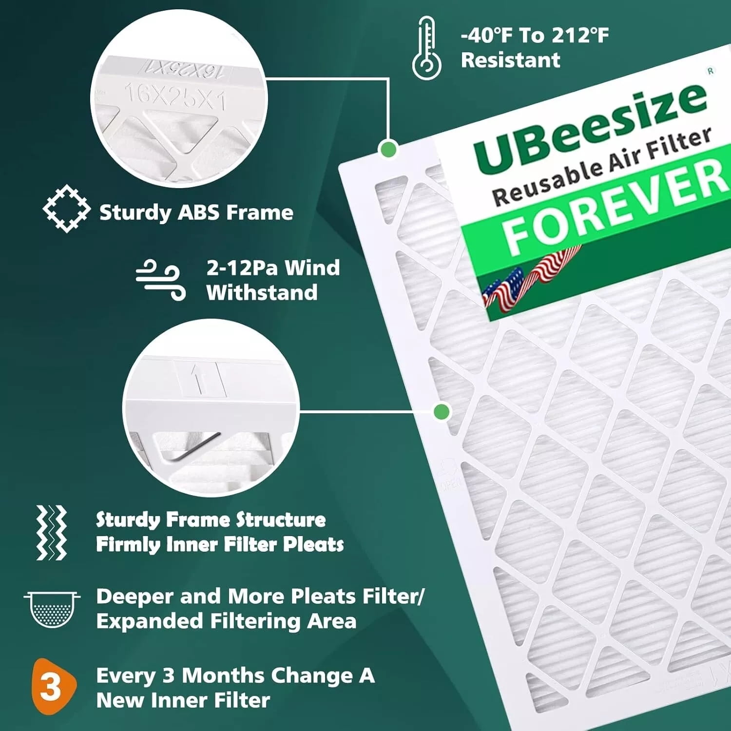 Ubeesize 16x25x1 MERV 8 Pleated Air Filter, Reusable Frame, 9 Pack AC/Furnace