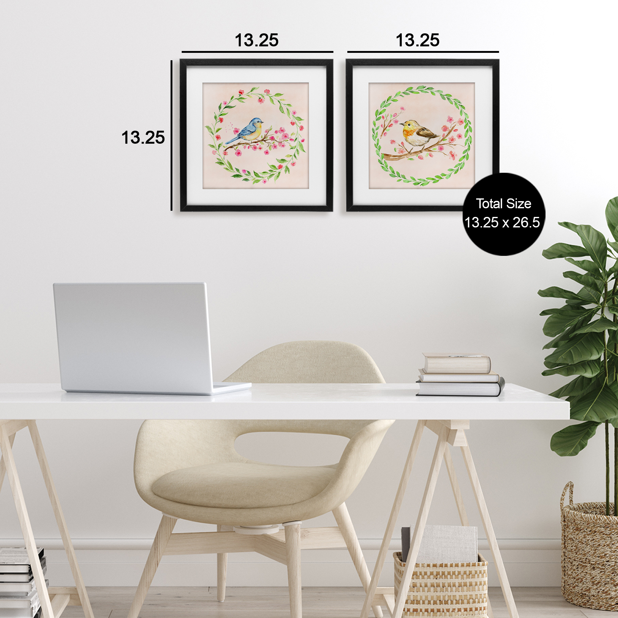 Spring Branches & Wreath Birds 2 Piece Black Framed Print Under Glass Set, design by Elena Fay
