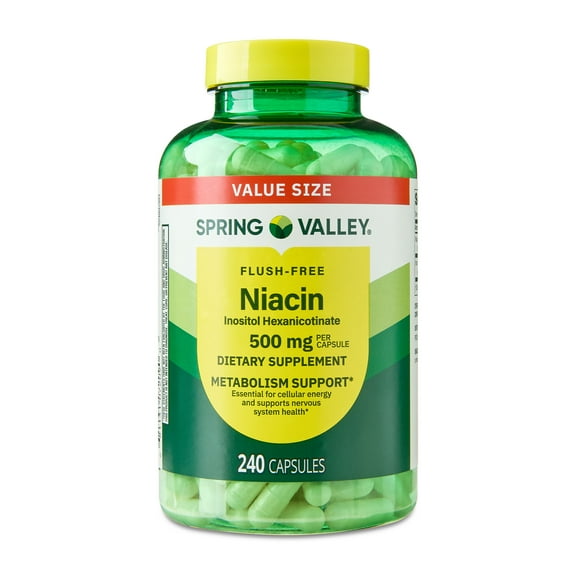 Spring Valley Flush Free Niacin Dietary Supplement Capsules for Metabolism Support, 500 mg, 240 Count