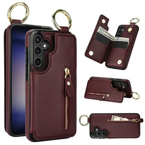 Cutyskin for Samsung Galaxy S21 FE Wallet Case【RFID Blocking】 with Card Holder Cash Pocket Zipper Bills Slot, Soft PU Leather Magnetic Back Folio Kickstand, Finger Ring Holder Hook Case, Jujube Red